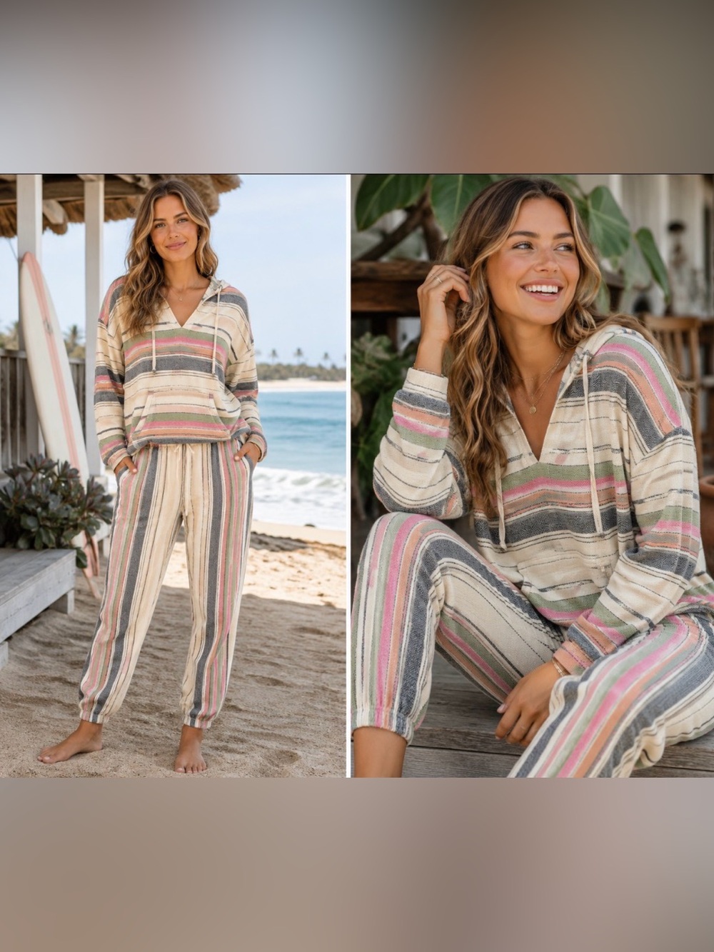 O'Neill Cream Lounge Suit with Pink, Green, Peach & Black Stripes, NWOT (L&XL)